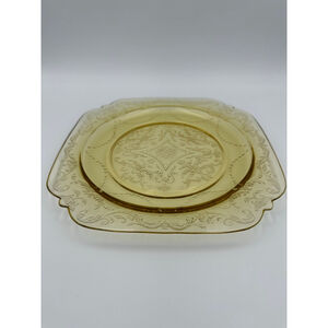 Lancaster Glass | 1930s Jubilee Etched Dinner Plate | Uranium Yellow | 9”